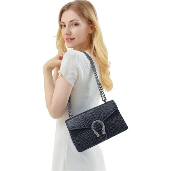 Women Leather Shoulder Bag Snake Print Crossbody Purse Square Chain Handbag - Picture 2 of 7